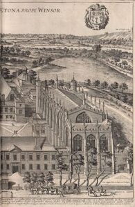 A 1690 engraving depicting a bird's-eye view of Eton College by David Loggan PD