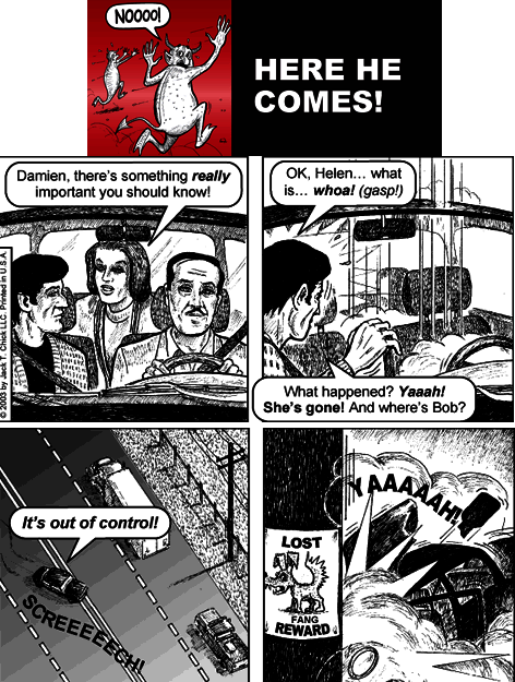 Composite image of Chick tract, Here He Come! Copyright Chick Publns. Used by permission