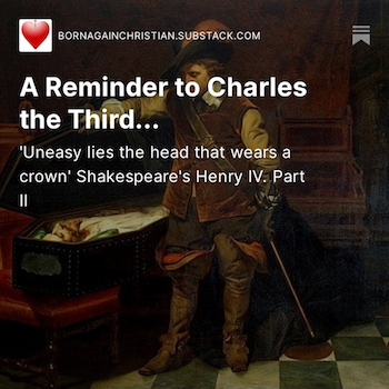 Image of Oliver Cromwell and King Charles with superimposed message to Charles Windsor.