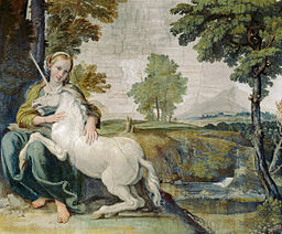 Image of mythical Unicorn with a maid